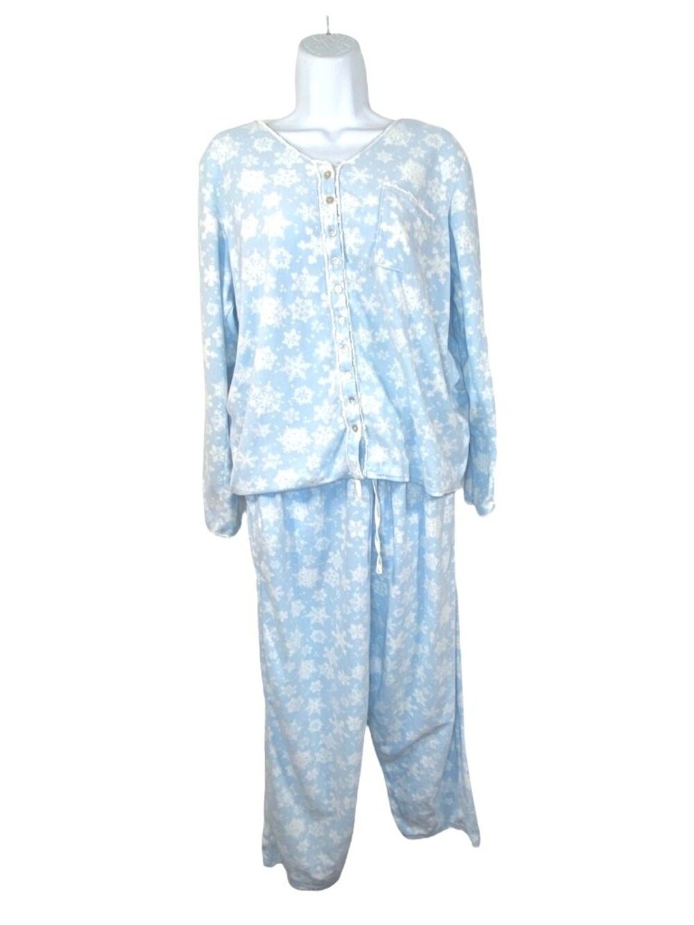 Eileen West Pajama SET Womens L/XL Blue Soft Flannel Snowflake Lace 2 Piece